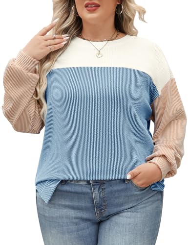 heekpek Sudaderas Mujer sin Capucha Invierno Redondo Sudaderas Tallas Grandes Bloque de Color Camisetas de Manga Larga Sudadera Oversize Pullover Sweatshirt Tops, Blanco-Azul, XXXXXL