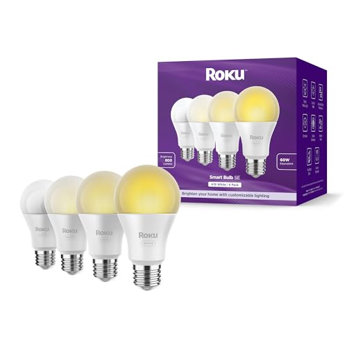 Roku Smart Light Bulbs (White, 4-Pack) – Dimmable A19 Lightbulbs with Adjustable Brightness & Temperature – WiFi Smart Bulbs Works Voice, Alexa & Google Assistant, No Hub Required