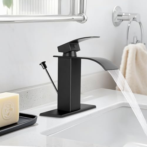RNDIOZD Matte Black Bathroom Faucet with Lift Rod Drain, Waterfall Bathroom Sink Faucet Modern Single Handle Bathroom Faucte 1 or 3 Hole, RV Mixer Tap Vanity Faucet Washbasin Faucet with Deck by RNDIOZD - Image 4