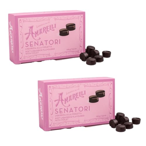 ISIFAR | Senatori – Regaliz Suave Aromatizado Con Violeta – 100g | Forma De Botón, Caramelos Violeta Con Sabor Único, Extracto De Regaliz Natural, Envase Clásico Y Elegante (PACK 2)