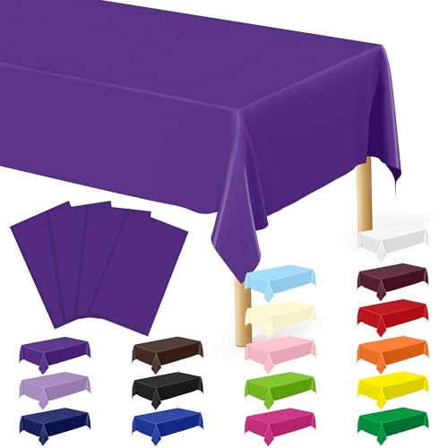 Image of QZYL 4 PCS Plastic Table Cloth, 54 inch x 108 inch Purple Picnic Table Cover, for 6 to 8 Foot Tables, Rectangle Tablecloth for Birthday, BBQ, Wedding and Party Decorations, Indoor Outdoor Home Essentials