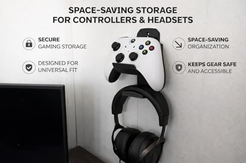 Image of Wall Mount Controller & Headset Holder (Black), Gaming Organizer with 3M Adhesive, No Drill Wall Mounted Stand for PS5 /PS4 /Xbox Controllers & Headphones (16 cm)