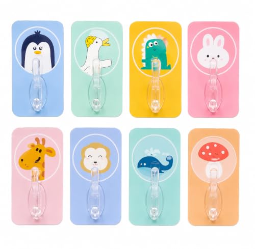 Image of 2 PCS Waterproof Cartoon Design Wall Hooks Self Adhesive Strong Sticky Wall Hangers Cute Kitchen Bathroom Hanging Clips Magic Sticker No Drill Punch Utility Hooks