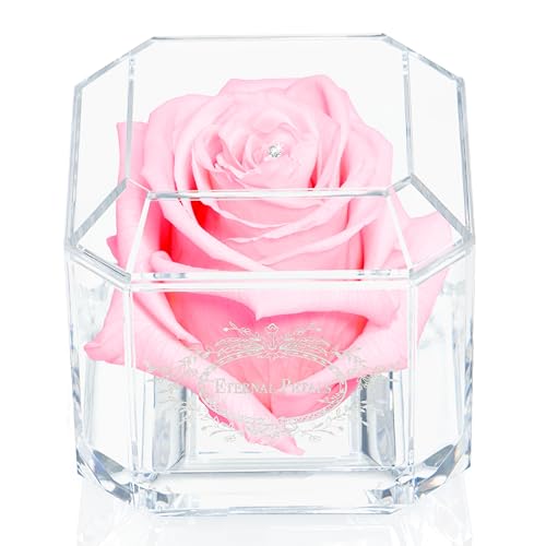 A 100% Real Rose That Lasts Years - Eternal Petals, Handmade in UK, Flowers Delivery Next Day Prime UK – White Gold Solo with A Clear Swarovski Crystal (Light Pink)