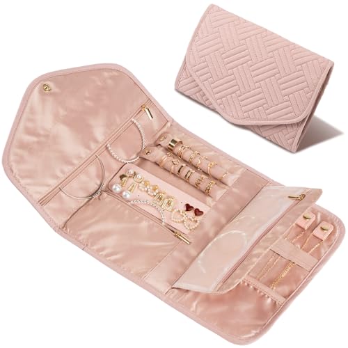 Amrules Travel Jewelry Organizer Bag Anti-Tangle Foldable Small Jewelry Roll Travel Case Accessory for Necklaces, Earrings, Rings, Bracelets, Watches, Pink