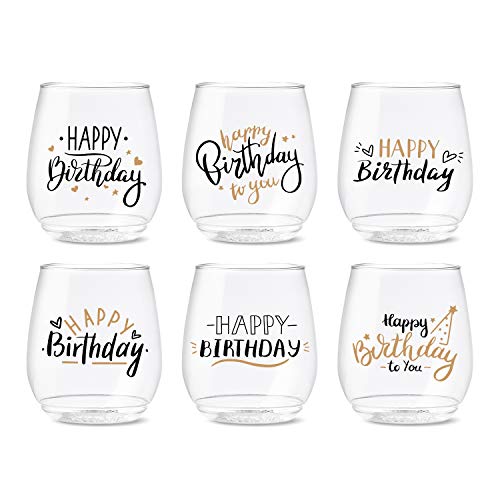 TOSSWARE POP 14oz Vino Golden Birthday Series SET OF 6 Recyclable Unbreakable Crystal Clear Plastic Printed Glasses