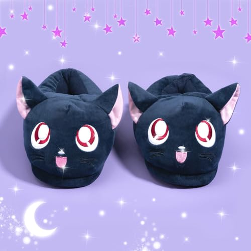 Cat Slippers | Cute Anime Kawaii Blue Moon Ears Fuzzy Plush Slip-On House Shoes | One Size Adults Women Men2
