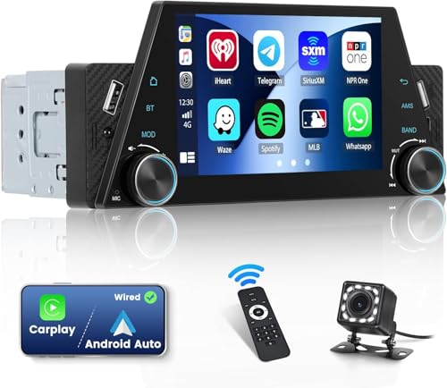 Hikity Single Din Car Stereo with Carplay, 5 Inch IPS Touchscreen with Android Auto Screen Car Radio Bluetooth 5.0, Mirror Link Reversing Camera USB Type-C FM EQ SWC Mic