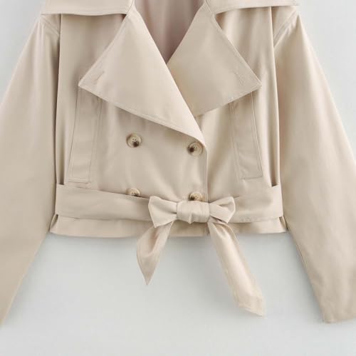 Womens Short Cropped Trench Coat With Bow Belt Lapel Double Breasted Short Jacket Outwear3