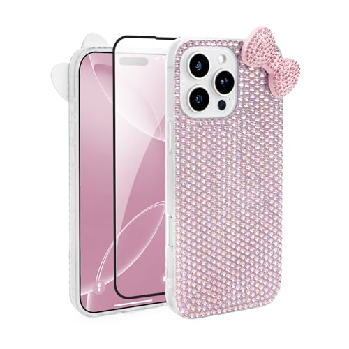 Cute Case for iPhone 17 6.3" with HD Screen Protector, Pink Glitter Rhinestone Bow Phone Cases, Covered Sparkle Bling Diamond Clear Shockproof Protective Phone Cover for Women Girls & Girls K...