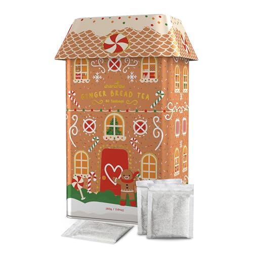 Charbrew 80 Gingerbread Teabags – Illustrated Gingerbread House Metal Tea Tin | Reusable Caddy with Teabags | Christmas Tea Lover Gift