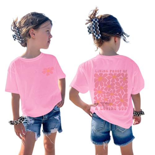 Fkatuzi Kids Christian Jesus Shirts for Girls Cute God Flower T Shirts Faith Religious Bible Verse Graphic Tees Cotton Tops(Pink 140)