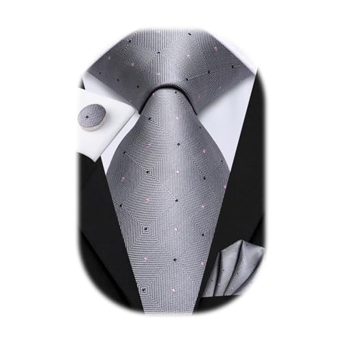 Image of Hi-Tie Mens Plaid Ties Classic Paisley Necktie with Handkerchief Cufflinks Set Business Stripe Tie