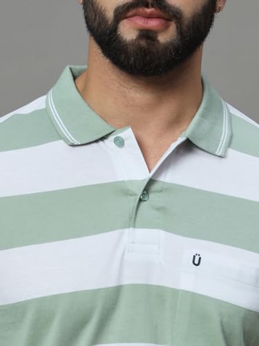 Image of UNIBERRY Men's Cotton Blend Regular Fit Polo Collar Striper T Shirt Has A Short Sleeves & Pocket On Chest-MT3-LG XL Light Green