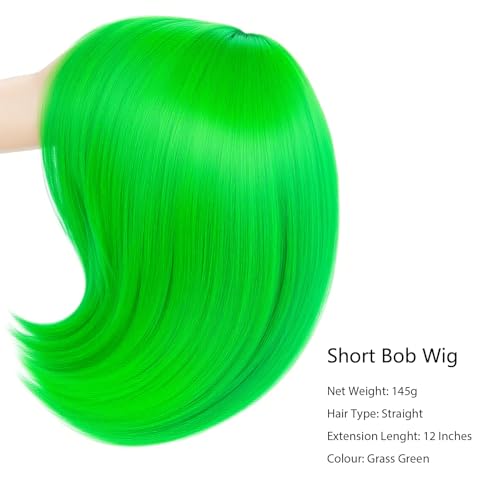 Image of Rose bud Grass Green Wig Bob Straight 12 Inch Short Hair Cosplay Wigs for Women Costume Party Halloween