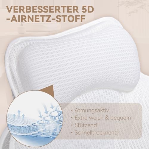 Badewannenkissen – Nackenkissen Badewanne aus 5D Air Mesh, Badekissen für Badewanne, 54 Rutschfestes Kopfkissen, Schnelltrocknend, Weiches Kissen für Badewannen (Weiß)