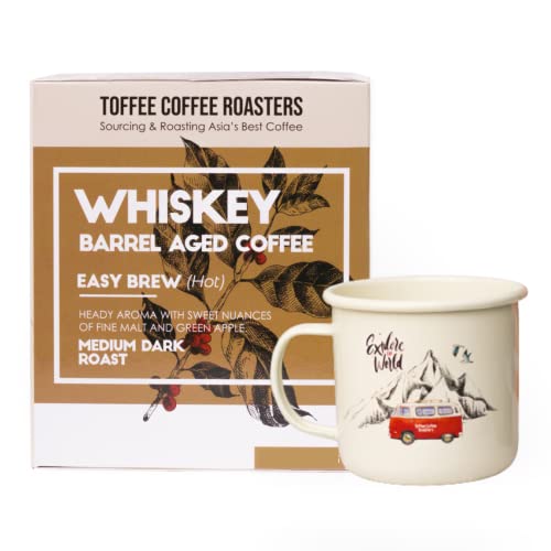 Image of Toffee Coffee Roasters | Hot Brew Gift Box| Whiskey Barrel Aged Coffee (Pack of 12 Sachets) + Enamel Mug|100% Arabica|Medium Dark Roast|Coffee Notes: Fine Malt & Green Apple