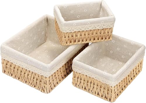 Geflochtene Aufbewahrungskörbe 3er Set für Wickeltisch & Babyzimmer Kleine Körbchen Organizer aus Papierseil mit Stoffeinsatz für Windeln Kosmetik Badezimmer & Regal (Landhaus Blumen)