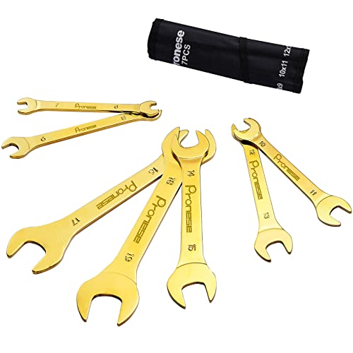 Pronese 7 Pack Super-Thin Open End Wrench Set, Titanium Plating, Carbon Steel with Mirror Polish, Metric, Including 6~19mm