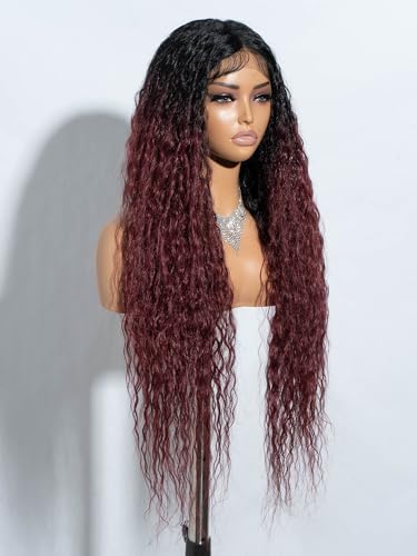 Joedir Long Deep Curly Wavy Wig Pre Plucked Synthetic Lace Front Wig HD Transparent Glueless Lace Wig Heat Resistant Fiber Pre Plucked Hairline with Baby Hair for Women Ombre Wine Red - Image 2