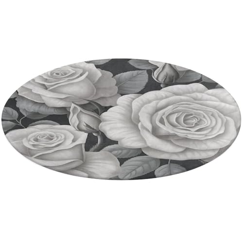 Alfombra redonda gris de 60 cm lavable con diseño de rosas 2