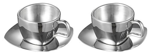 Visol Misto Stainless Steel Double Wall Cup with Saucer (2 Pack), Silver