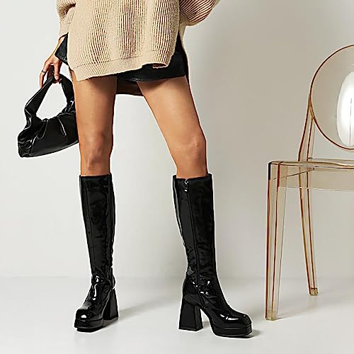 Image of SOVANYOU Black Leather Boots Platform Boots for Women Fashion Square Toe Chunky Block Heeled Boots Side Zip