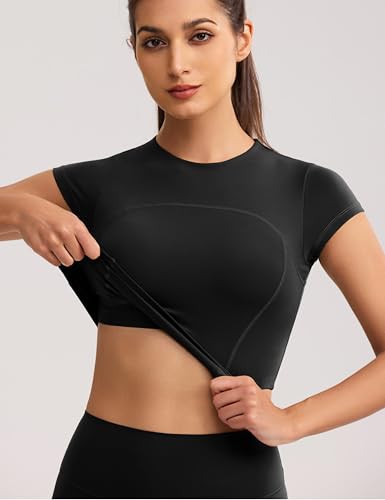 Image of ENERBLOOM Workout Crop Tops for Women Yoga Short Sleeve Removable Bra | Slim Fit, Mild Support, Crop T-Shirt, Mock Neck, Soft Comfort, High-Stretch, for Yoga,Gym & Daily Wear
