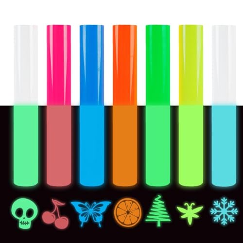 FUNKAKA Glow in The Dark Heat Transfer Vinyl Bundle 9 Pack 12 x 10 Sheets HTV Vinyl for T-Shirt 7 Assorted Colors Iron On Vinyl for All Cutter Machine Easy to Cut & Weed for Heat Vinyl Design