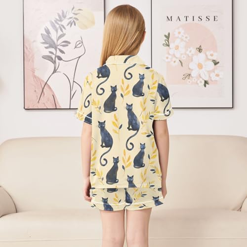 Watercolor Black Cat and Leaf Summer Satin Pajama Set, Cute Button-Down Sleepwear Pj Set for Sleep Wears4