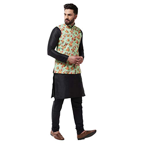 Image of SOJANYA (Since 1958 Men's Silk Blend Black Kurta Pyjama & Printed Nehrujacket Combo