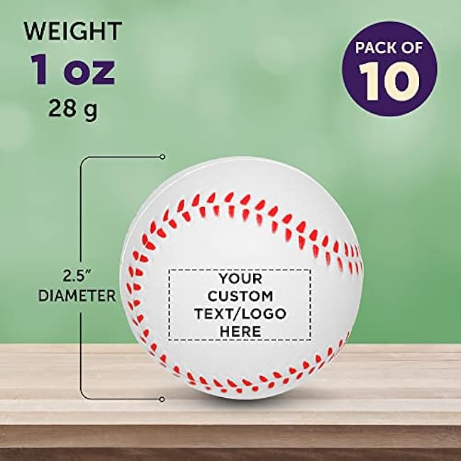 DISCOUNT PROMOS Custom Baseball Shaped Squeeze Balls Set of 10, Personalized Bulk Pack - Perfect for Promotional Giveaways - White