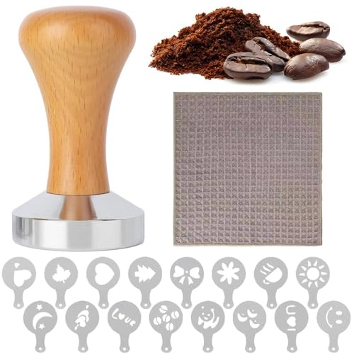 huoanpo 18-teiliges Barista Set, Kaffee Tamper 51mm, Espresso Tamper, aus Edelstahl mit Holzgriff, inkl. Schablone, Tuch und Matte für Espressokocher, Cafés und Kaffeeliebhaber