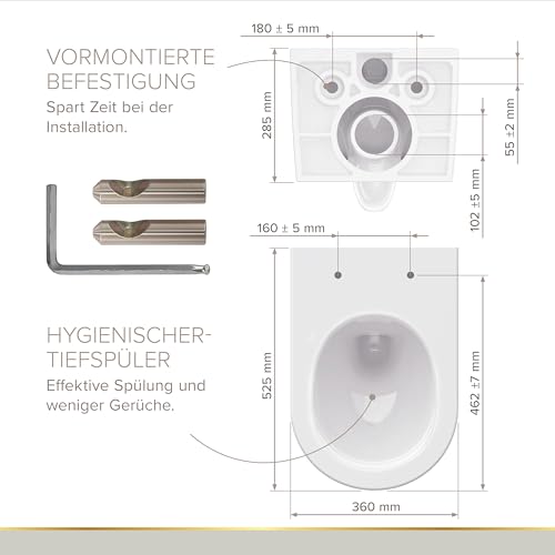Lenz Spülrandloses Wand-WC MELVA in D-Form – Hygienisch, geruchsarm & leicht zu reinigen – Superglatte KeepClean-Oberfläche – Einfache Montage mit Help Fix – Tiefspüler, Weiß, 41030161