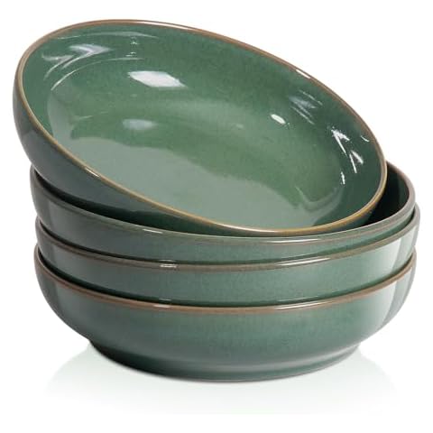 JINIHFW Large Pasta Bowls Set of 4, Ceramic Pasta Bowl Set For Soups and Salads, 8.5" Serving Bowls,Serving Bowls For Entertaining, Large Capacity, Microwave & Dishwasher Safe, 26 oz,Green Cover
