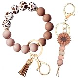 Qubusm 2PCS Bracelet Key Ring Set, Cute Car Key chain Wristlet, Silicone Beaded Bangle keyChains for Women Girls (Mocha)