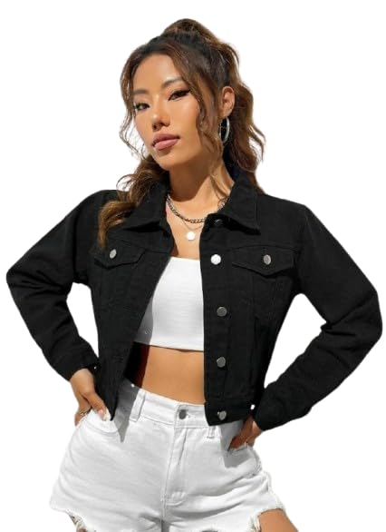 Black Woman short 100% Cotton Denim Relaxed Trucker Jacket 32700-picture-13