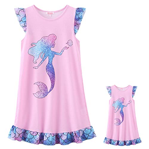 Girls Nightgown Matching 18 inch Doll Mermaid Pajama Nightdress Sleepwear,4t 5t