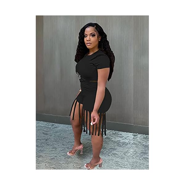 Two-Piece-Outfits-for-Women-Casual-Short-Sleeve-and-Tassel-Bodycon-Shorts-Sexy-Clubwear-Tracksuit-Set ThusFur Womens Summer Casual 2 Piece Black Outfit Short Sleeve Shirt Bodycon High Waist Shorts Set Sportswear Tracksuit with Tassel Size XX-Large