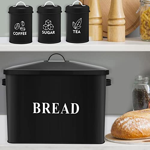 Homikit Bread Box With Canisters Set For Kitchen Countertop, Metal Black Bread Holder Container Bin With Lid, Extra Large Stainless Steel Loaf Storage With Sugar Tea Coffee Tin For Farmhouse Decor #TOP5
