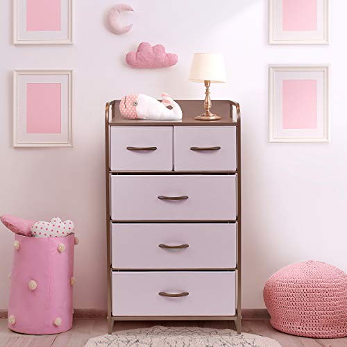 Sorbus Dresser with 5 Drawers - Furniture Storage Chest for Kid’s, Teens, Bedroom, Nursery, Playroom, Clothes, Toys - Steel Frame, Wood Top, Fabric Bins (5-Drawer, Pink)