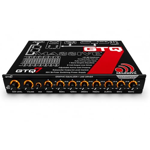 Image of Massive Audio GTQ7 | 7-Band Car Audio Graphic Equalizer - in-Dash 7V Line Driver, Adjustable Subwoofer Crossover, Dual RCA Inputs, High /Low Fader Control for Precision Sound Tuning