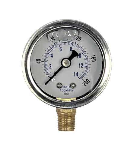 1/8" NPT Lower Mount Liquid Filled Pressure Gauge with 1.5" Dial - 0-200 PSI - for Commercial or Industrial Hydraulic & Pneumatic Systems - Compressor Pressure Gauge Replacement