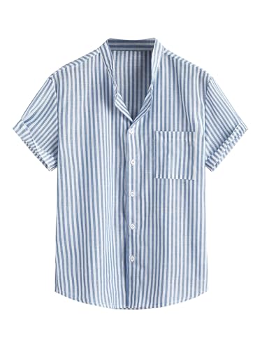 GORGLITTER Men's Striped Button Down Shirt Pocket Patched Short Sleeve Collar Tops