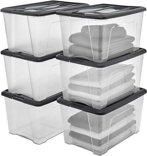 Iris Ohyama, Aufbewahrungsbox aus Kunststoff, 45 l Garagen-Aufbewahrungsbox, 6er-Set, BPA-frei, NTB-45, Schwarz, stapelbar, Verschlussclips ? B58 x T39,5 x H30 cm