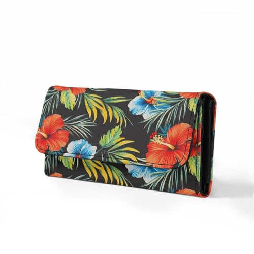 Image of AFPANQZ Leather Wallets for Women, Tropical Flowers RFID Blocking Checkbook Wallet with Cit Card Slots Phone Holder Zip Pocket, Buckle Closure, Ladies Purse