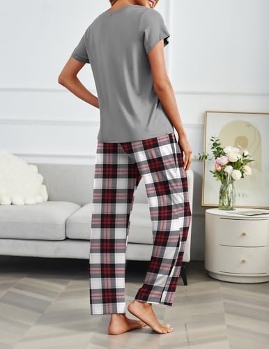 Image of Ekouaer 2 Pack Pajamas for Women Set Short Sleeve Pj Top and Printed Pants | Soft PJs Cozy Printed Lounge Sets Comfy Sleepwear with Pockets