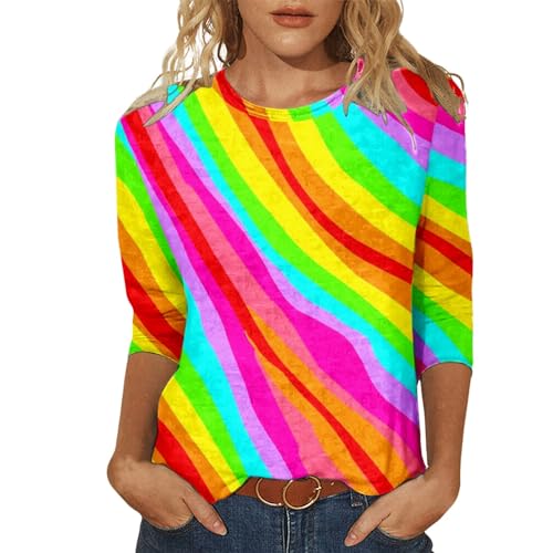 Camiseta para mujer, informal, cuello redondo, para carnaval, multicolor, estampada, con tres cuartos de manga, top 2, l, L