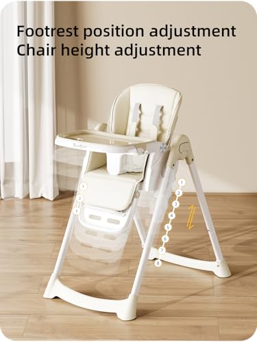 Image of Babilous High Chair, Foldable High Chairs for Babies and Toddlers with Removable Tray, Height Adjustable Feeding Chair, Adjustable Backrest and Footrest, Beige