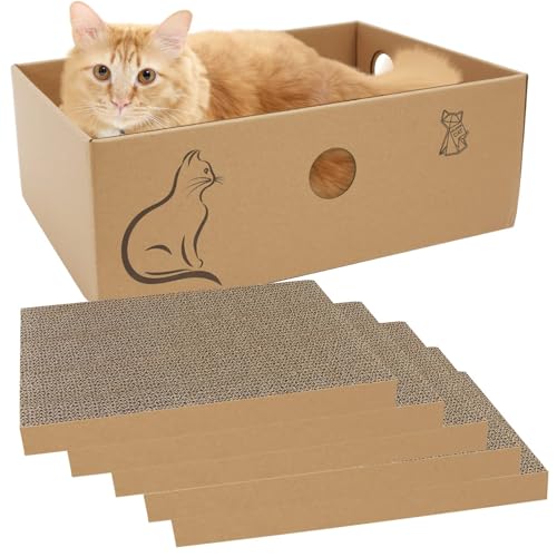 MUAEEOK Cardboard Cat Scratcher with Box, 5 PCS Reversible Cat Scratch Pad Replace for Cat Scratcher, Corrugated Scratching Lounge for Indoor Kitty to Rest Play Suitable for Up To 5kg (33*24*11 CM)